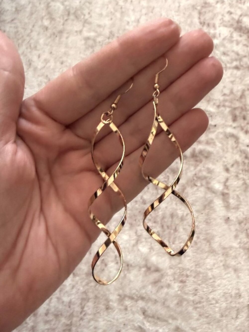 Gold Twisted Dangle Earrings | Hammered Metal Fishhook Drops | Lightweight - Picture 3 of 3